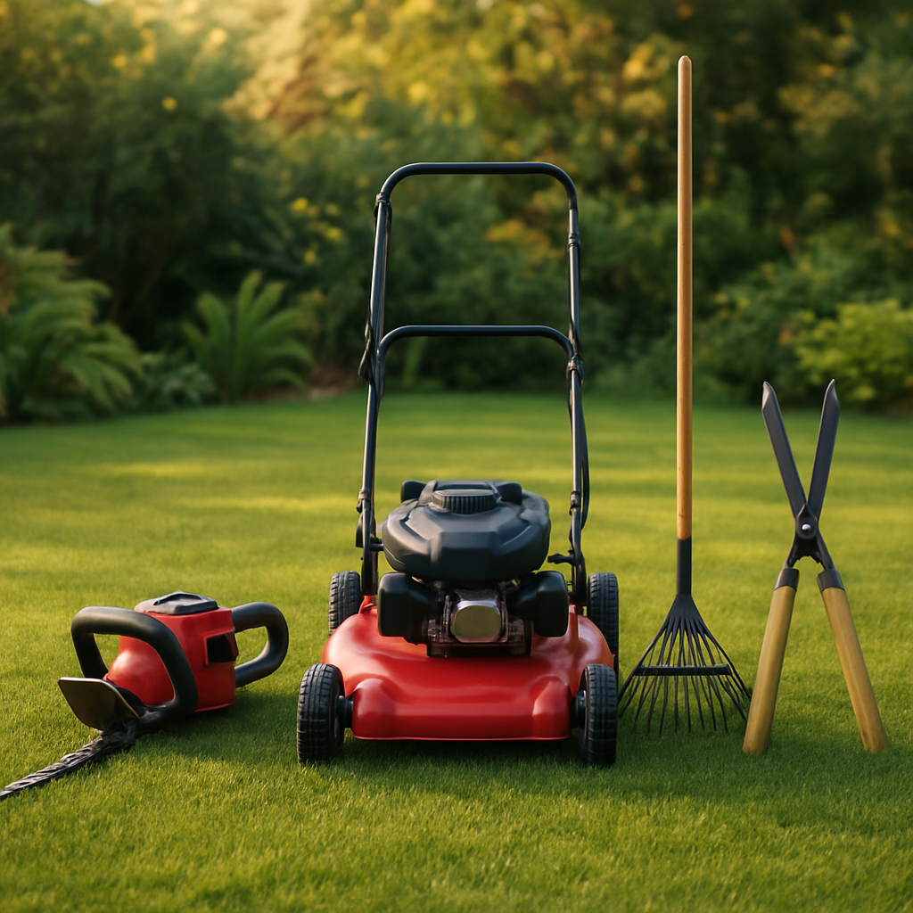 Professional garden maintenance tools laid out on a well-kept lawn