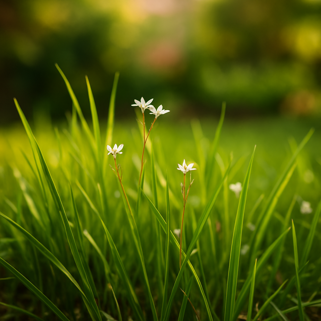 Close-up of lush green grass and native wildflowers