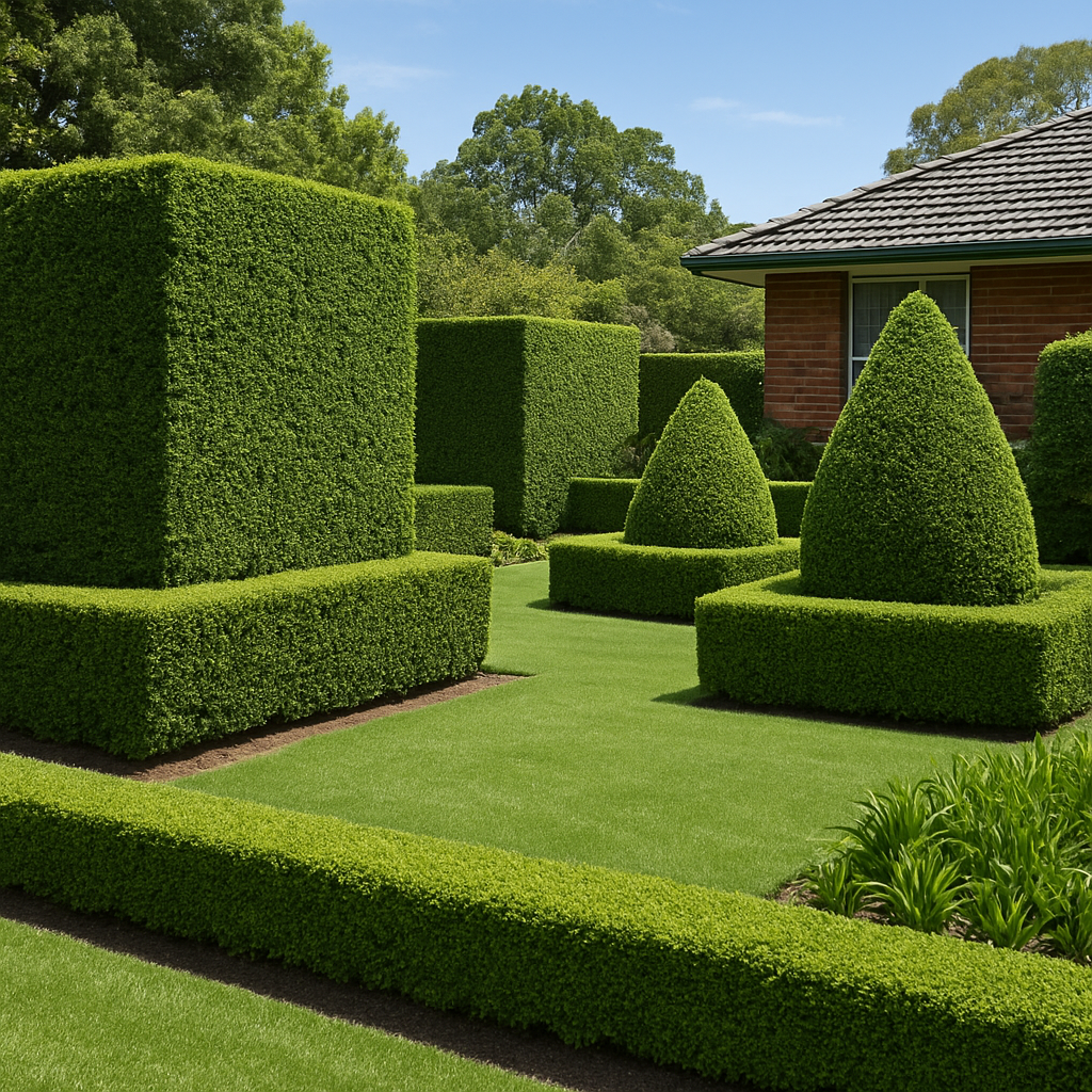 Neatly trimmed green hedges with crisp geometric shapes
