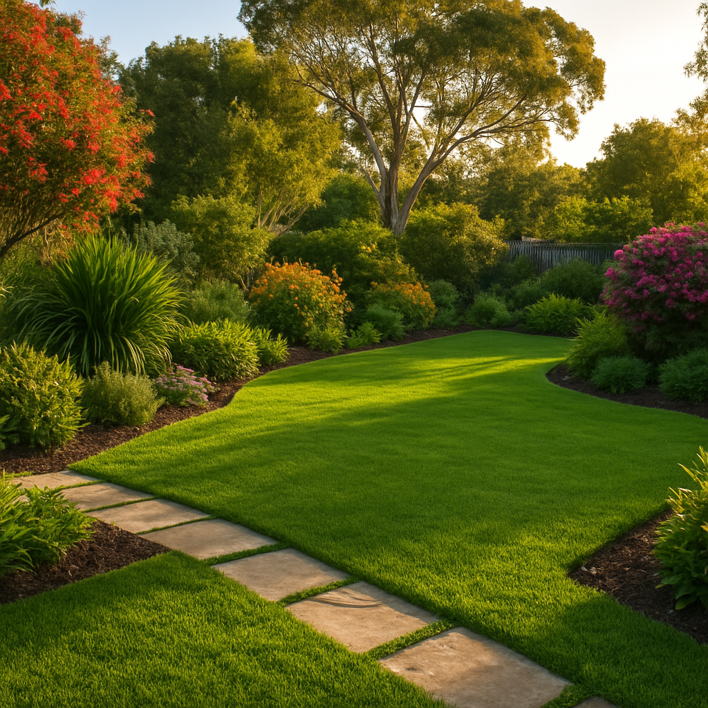 Lush, freshly maintained Australian garden with a manicured lawn